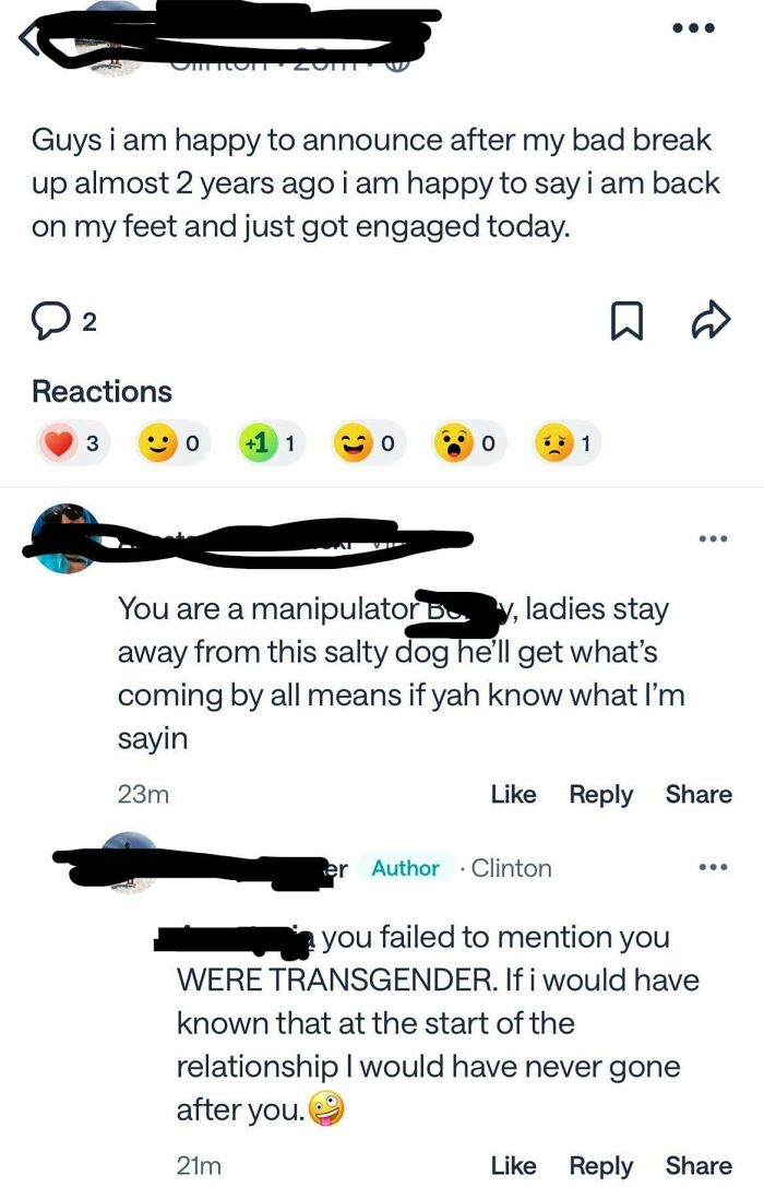 Screenshot of a wild post from a neighbors app showing a personal breakup and engagement announcement with mixed reactions.