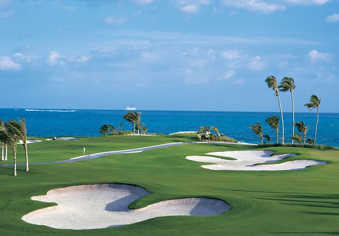 Breathtaking golf course by the ocean with palm trees and sand bunkers, attracting golfers from around the globe.