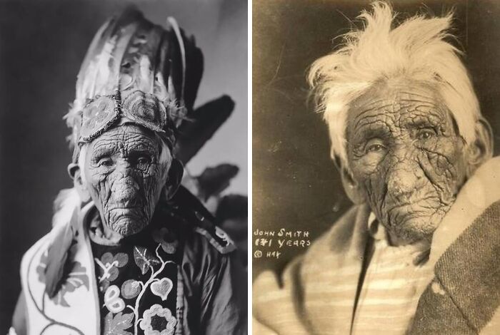 Two rare historical photos of elderly individuals with distinct features, highlighting changes over 50-100 years.