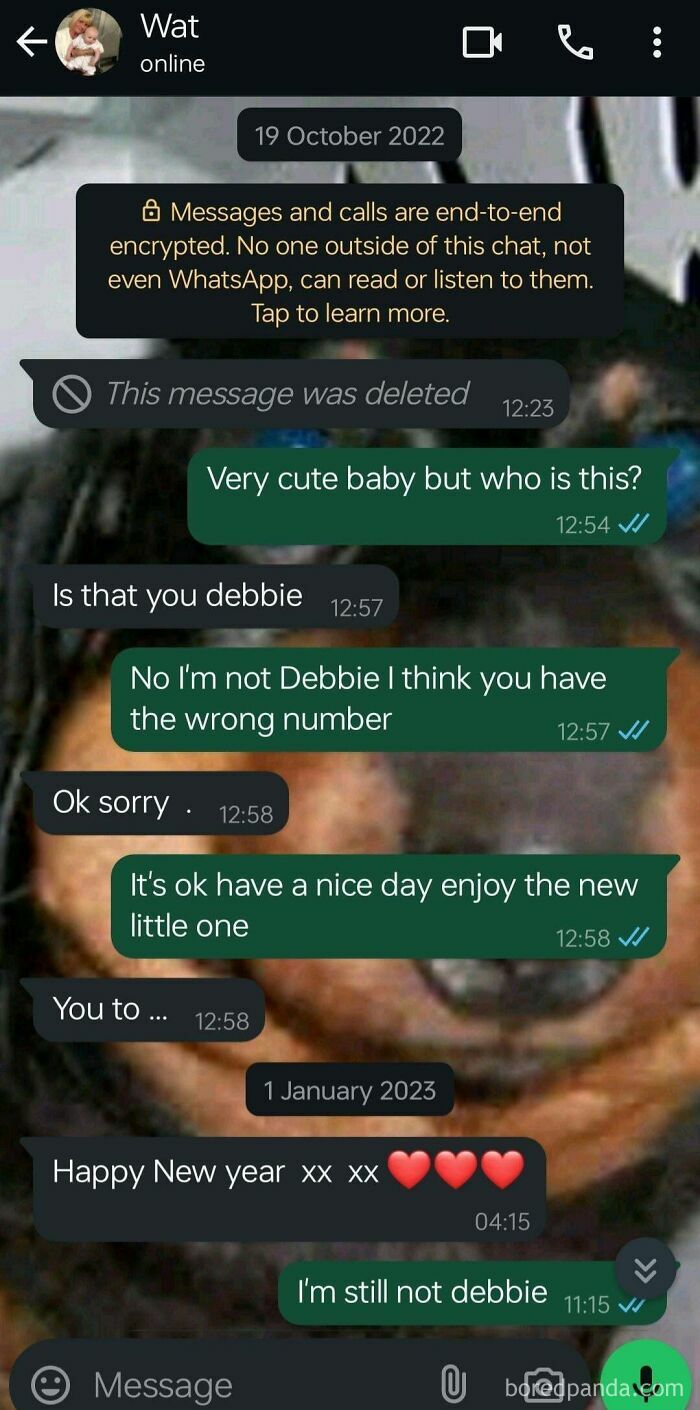 Hilarious wrong number texts on WhatsApp conversation, featuring mistaken identity with someone named Debbie.