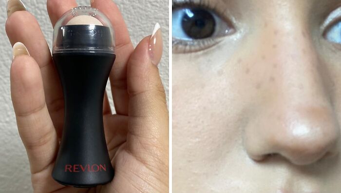 A hand holds a Revlon beauty product, with a close-up of a person's skin for comparison.