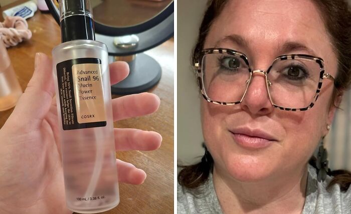 Person holding a bottle of snail mucin essence; another person wearing glasses, showcasing popular beauty products.