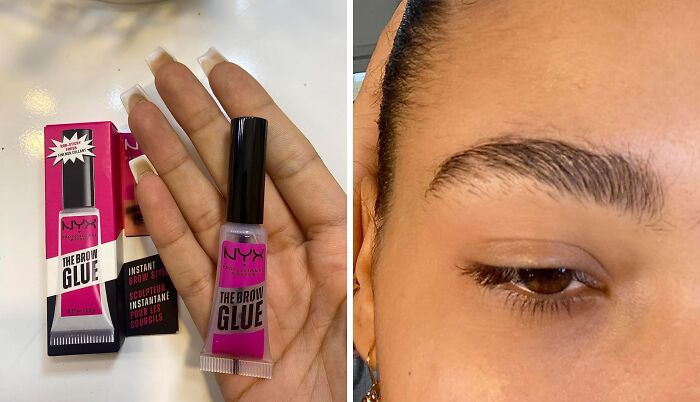 NYX Brow Glue beauty product held in hand and applied to a woman's eyebrow, showing styling effect.