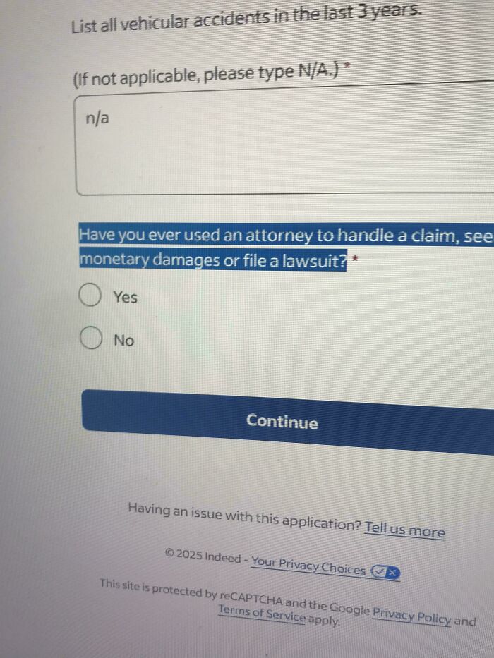 Job application screen asking about attorney use for claims or lawsuits, showing options yes or no.
