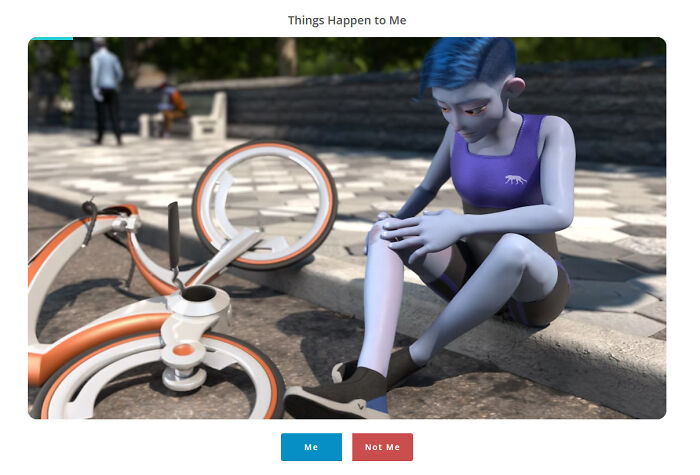 Animated character with blue hair sitting on a curb next to a fallen bicycle, illustrating outrageous job requirements reaction.