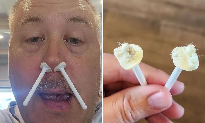 Man using simple beauty product for nose hair removal; close-up of used removal sticks.