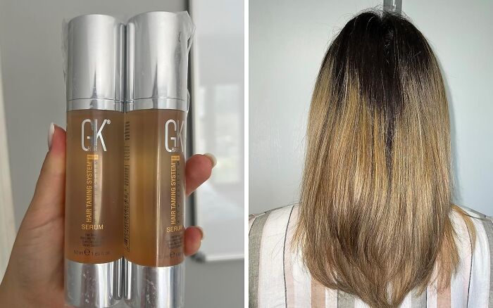 Two bottles of sleek hair serum, and smooth hairstyle results after use, highlighting popular beauty product choice.