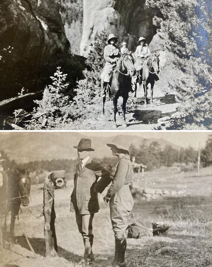 Vintage photos of horse riders in nature and a conversation beside a horse, showcasing how much the world has changed.