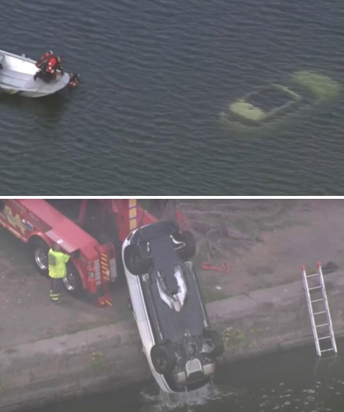 Car being retrieved from water after an expensive accident, highlighting the impact of costly mishaps on the internet.