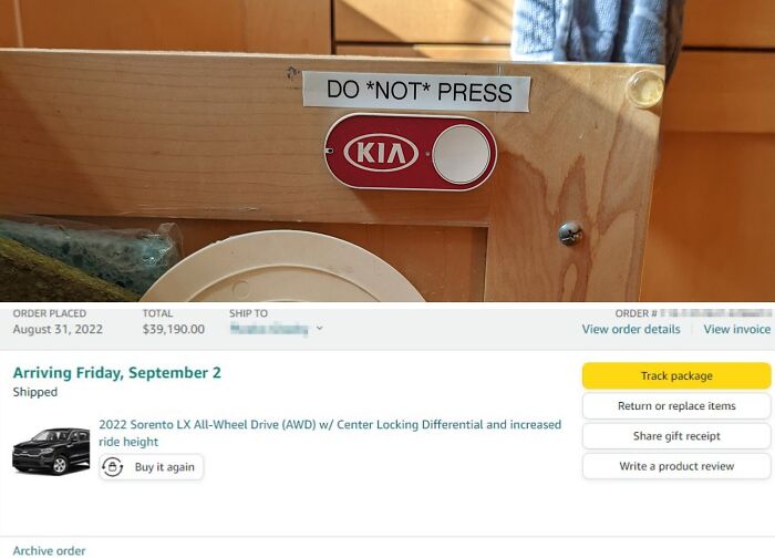 Expensive accident with a Kia button linked to accidentally ordering a car online, labeled "Do *Not* Press."
