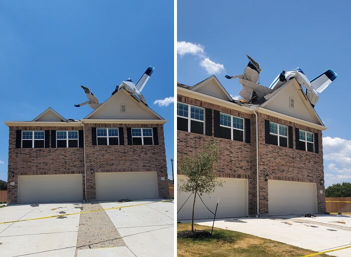 Plane crash into the roof of a house showing damage, illustrating a super expensive accident.