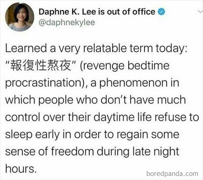Text meme humorously explaining "revenge bedtime procrastination," a work-related concept for regaining freedom at night.