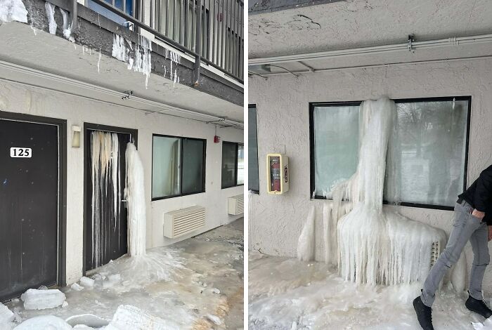 Frozen water damage outside a building, illustrating expensive accidents with ice.