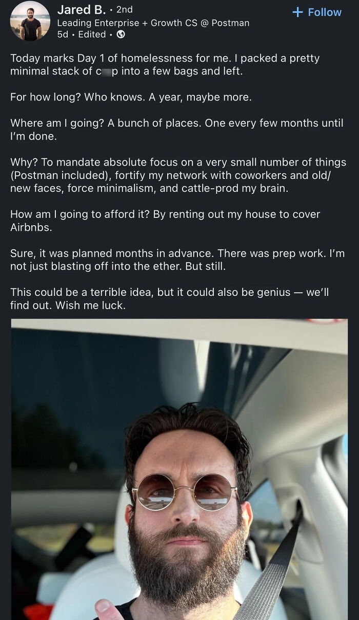 Man in car shares unconventional homelessness journey to highlight rich people's misguided money usage.