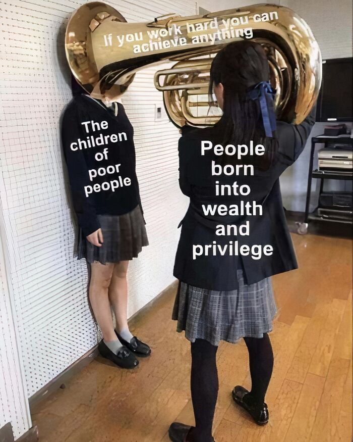 Two students in uniforms; one speaking through a tuba labeled "People born into wealth" for work-related humor.