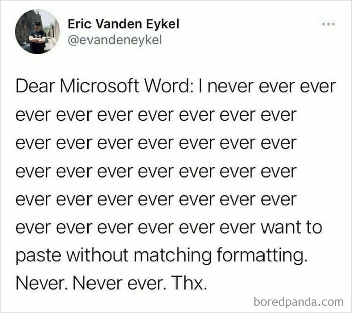 Humorous meme about pasting with formatting in Microsoft Word for work-related humor.