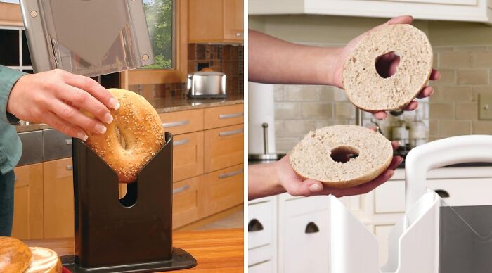 Bagel slicer in use, demonstrating its efficiency by perfectly cutting a bagel in a kitchen setting.