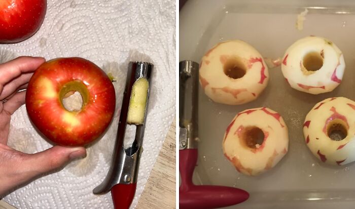 Apple corer in use, showing a cored apple and peeled apples, demonstrating product utility.
