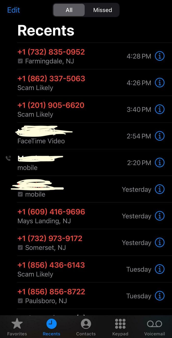 Recent calls list featuring multiple "Scam Likely" entries on a smartphone screen.