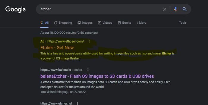 Search results showing an ad for “Etcher” with a highlighted description, illustrating potential shameless scams online.
