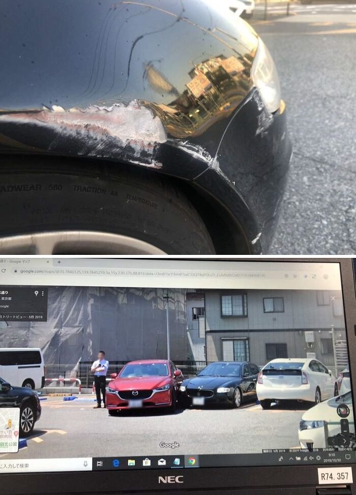 Scratched car bumper is visible, with Google Earth image showing similar damaged vehicles.