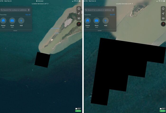 Strange blacked-out areas found on Google Earth maps showing a coastal region with islands and water.