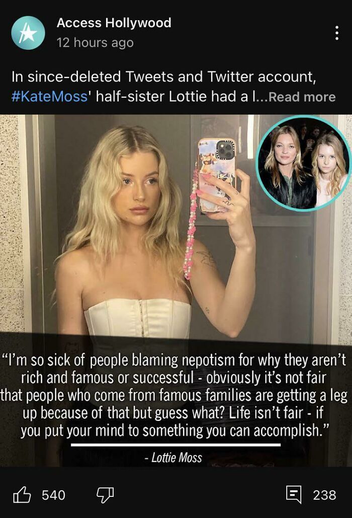 Rich people deserved shaming online for nepotism comments by Lottie Moss in a mirror selfie wearing a white top.