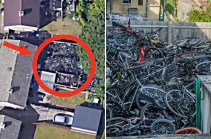 Strange Google Earth find of a backyard filled with old bicycles, highlighted with a red circle.