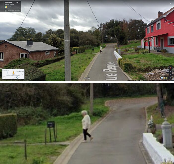 Strange sighting on Google Earth: elderly person walking alone on Rue Repos, countryside road.