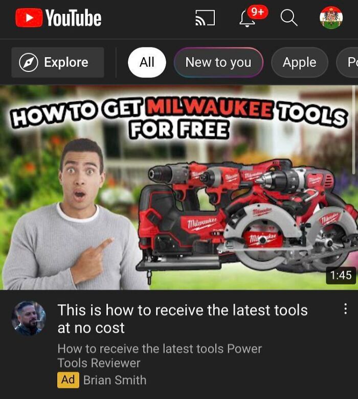 Man surprised by free Milwaukee tools offer, hinting at shameless scams.