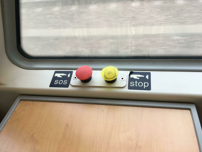 Design fails with misplaced SOS and stop buttons on a panel.