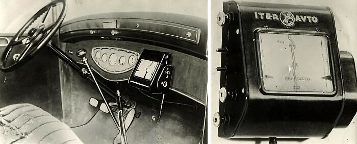 Vintage car dashboard with an early GPS device, showcasing weird inventions that were once revolutionary.
