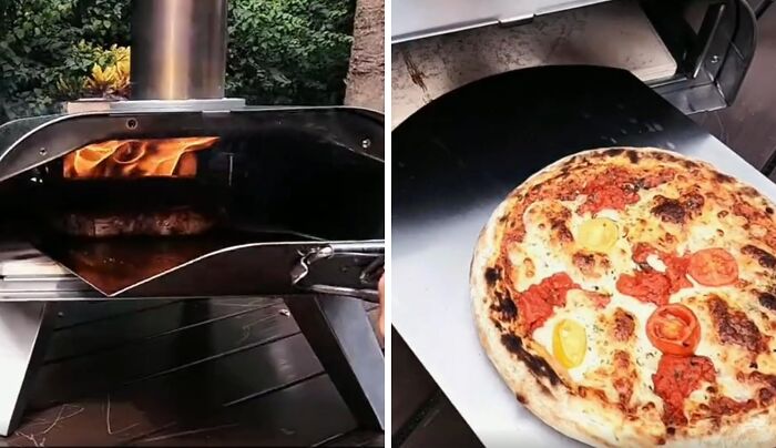 Outdoor pizza oven with flames and a freshly baked pizza with toppings, highlighting Amazon spring deals.