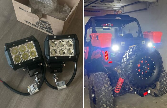 LED lights for off-road vehicles, enhancing visibility shown in a garage setup.