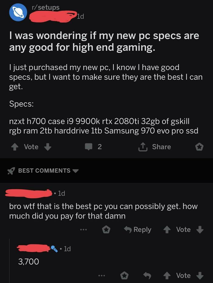 Rich person shares high-end PC specs online, seeks feedback for gaming suitability.