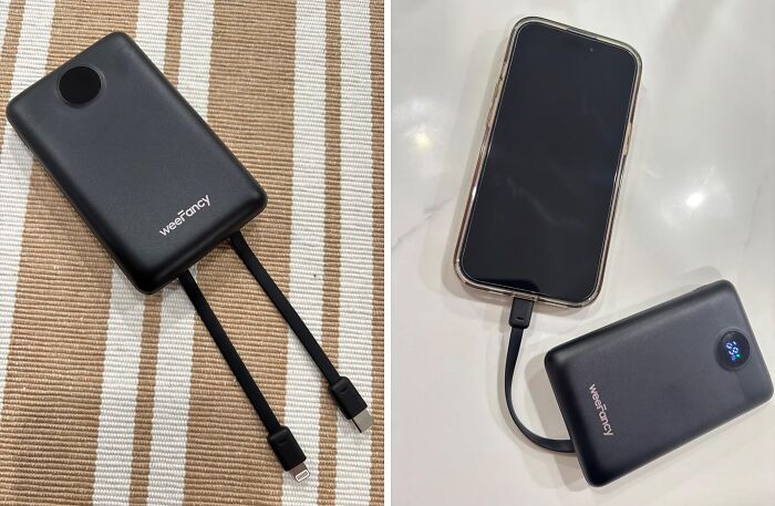 Portable charger with built-in cables, featured in Amazon spring deals, charging a smartphone on a white surface.