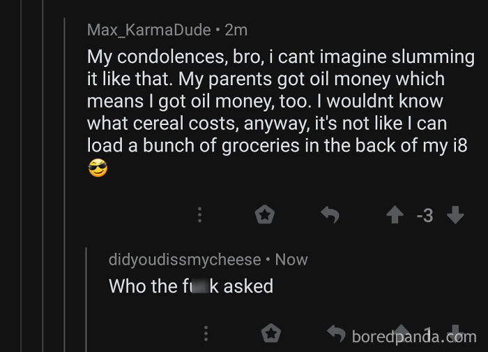 Rich people criticized online in a post about oil money and expensive car, with sarcastic response.