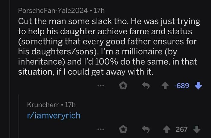 Reddit comment shaming rich people online, highlighting privilege and inheritance.