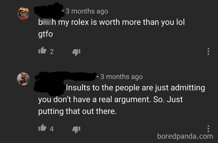 Online exchange highlighting wealthy individuals shamed; one boasts about an expensive Rolex.