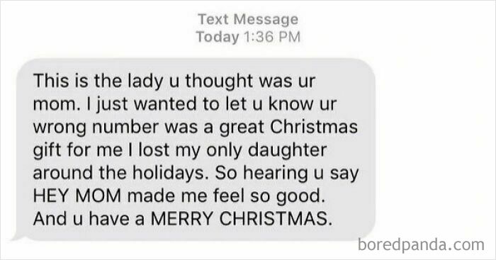 Text message about a wrong number becoming a Christmas gift, discussing loss and feeling joy from being called "MOM."