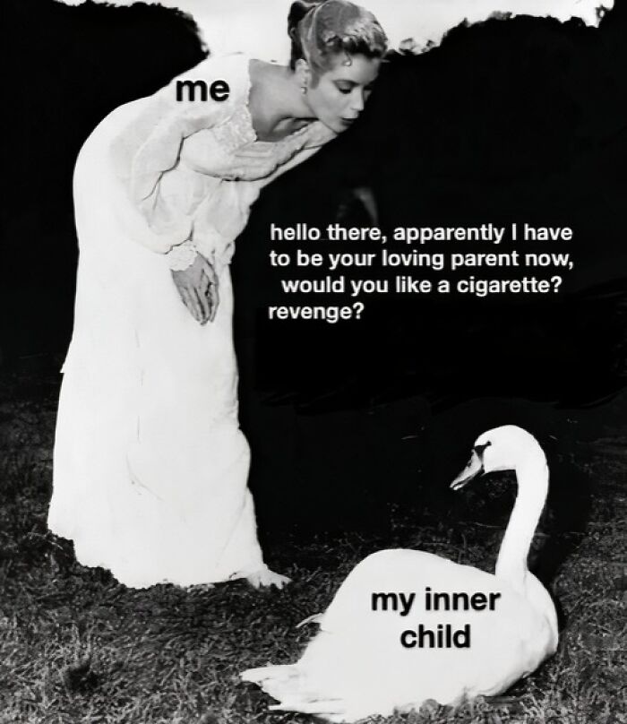 A woman labeled "me" talks to a swan labeled "my inner child" in a humorous mental health meme.