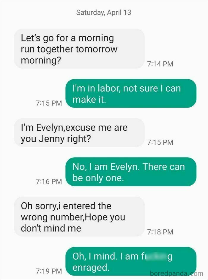 Text exchange with a hilarious wrong number mix-up, featuring humorous replies between strangers.