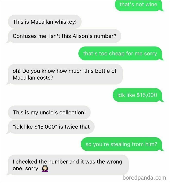 Text exchange about expensive whiskey mistaken for someone else, showcasing hilariously unhinged wrong number texts.
