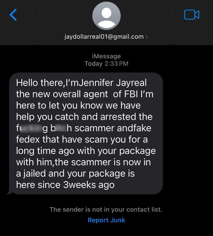 Text message scam claiming to be from the FBI agent about package and arrest.