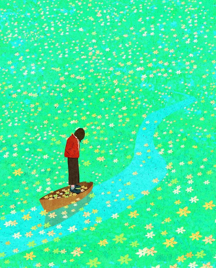 A Vietnamese artist's illustration shows a solitary figure in a red coat on a boat amid a sea of colorful flowers.