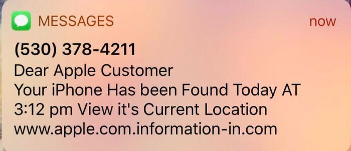 Text message scam claiming iPhone found, urging visit to suspicious link.