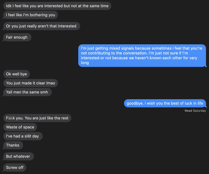 Text message exchange showing mixed signals and toxic communication between nice girls and nice guys in a relationship chat.