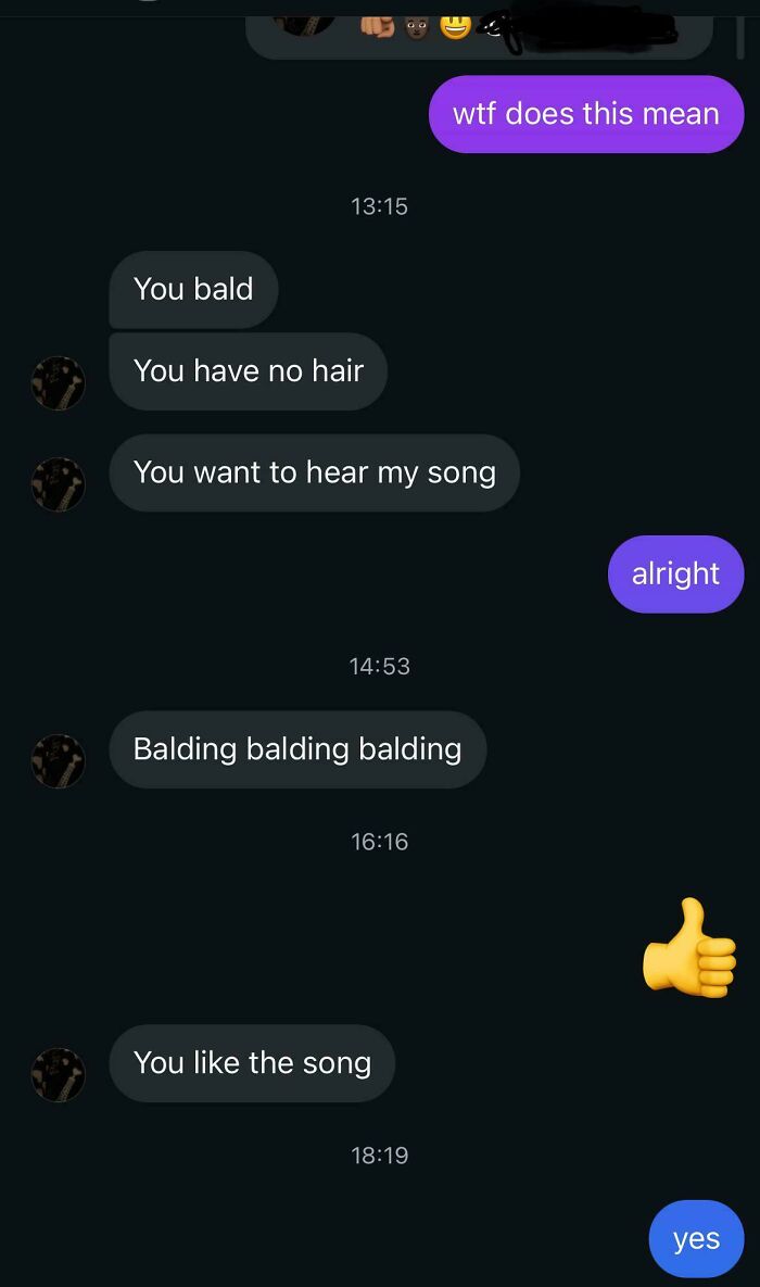 Text message exchange with toxic nice girls behavior, repeating insults and insisting on sharing a song despite confusion.