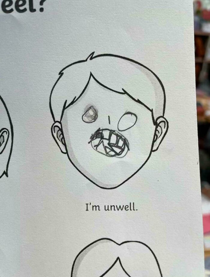 Disturbing drawing of face showing unwell expression with distorted features