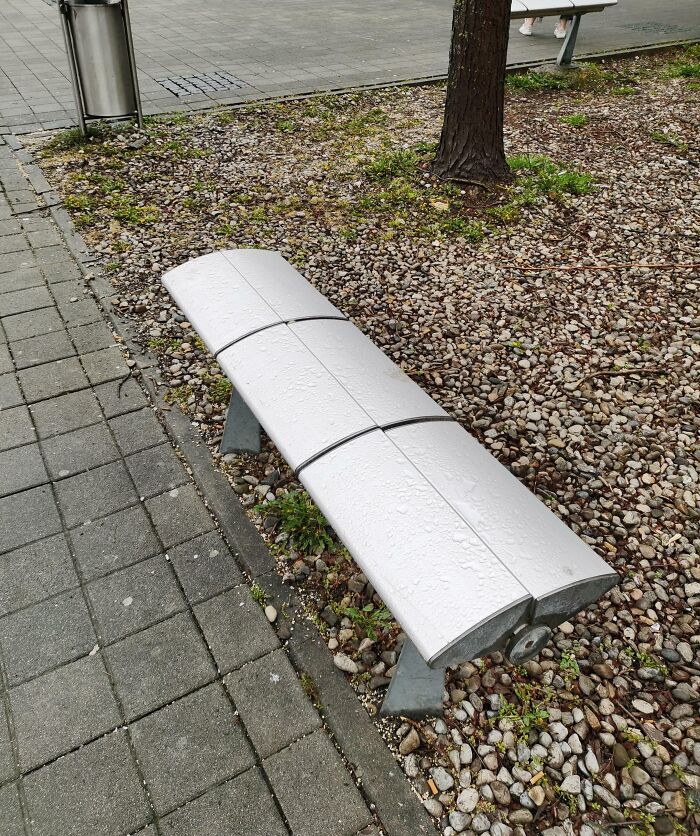 Uneven metal bench design fail with sections tilted awkwardly near a tree and walkway.